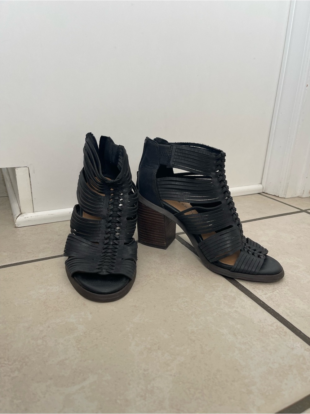 Lucky Brand Black Woven Strappy Block Heel Sandals